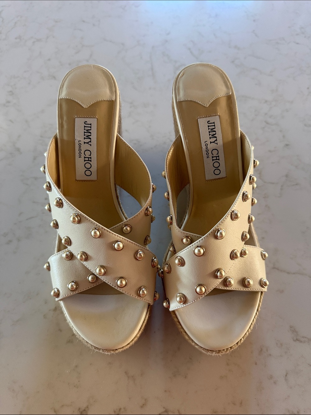 Jimmy Choo Cream Leather Studded Slide Mules with Gold Accents
